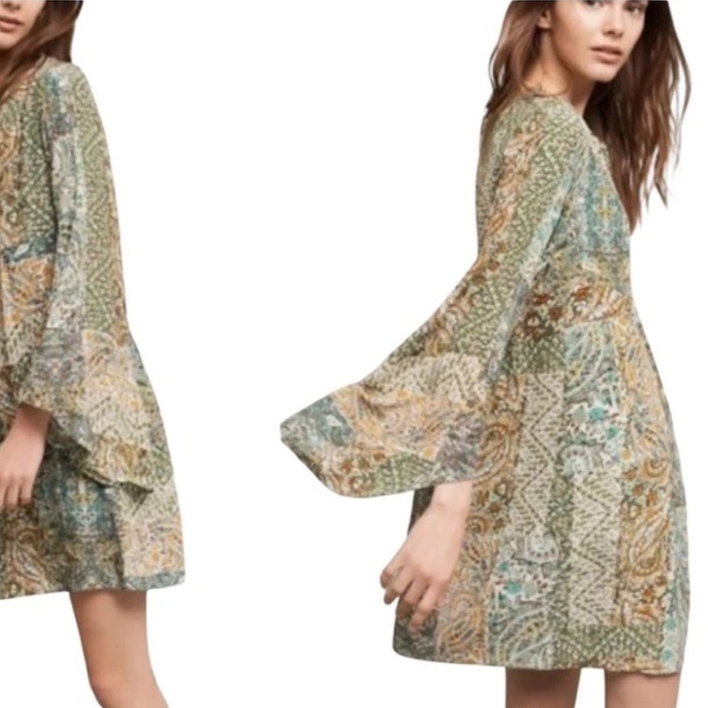Anthropologie Floreat Amelie Paisley 100% Silk Bell Sleeve Swing Dress Sz 2 BOHO - Picture 2 of 15